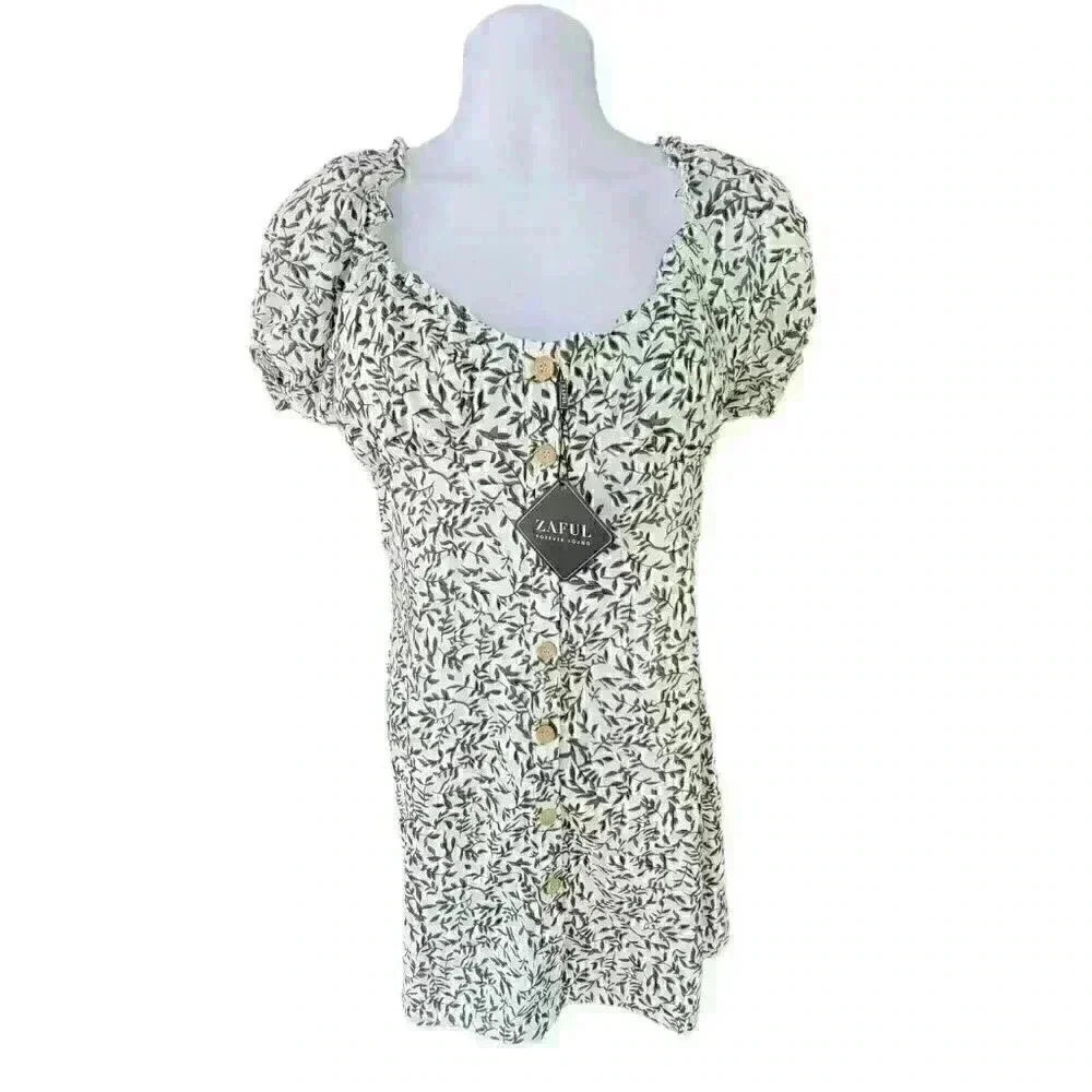Zaful Spring Summer Mini Dress Size L White Green Vines Sweetheart Neckline NWT